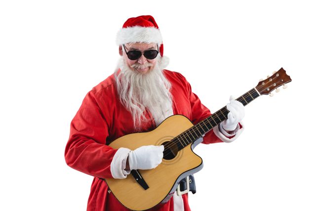 Santa Claus wearing sunglasses and playing a guitar. Ideal for holiday promotions, Christmas party invitations, festive advertisements, and music-related holiday themes.