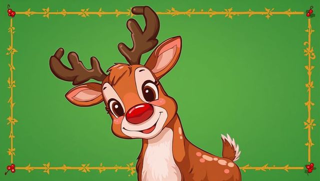 Playful smiling reindeer greeting holiday viewers with glowing red nose and gold vine border