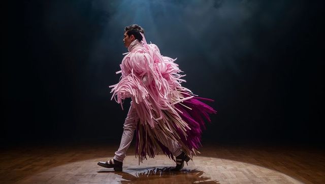 Walking performer wearing voluminous pink and magenta fringe costume on spotlighted stage