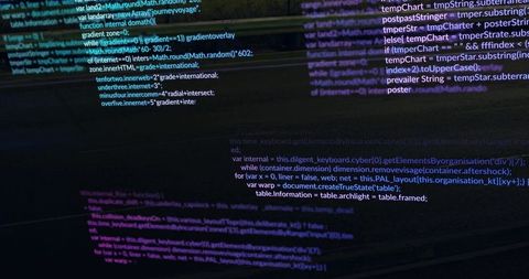 Displaying syntax-highlighted JavaScript code on widescreen monitor with neon scanlines