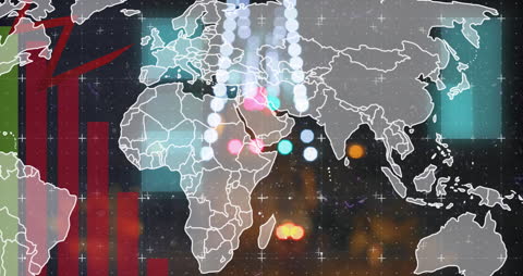 Abstract World Map Overlay with Data Graphics on Night Cityscape