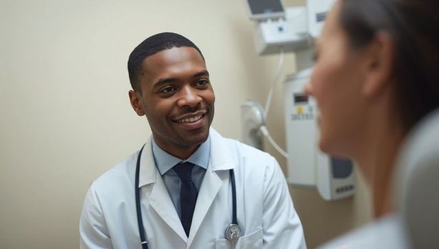 Smiling black doctor consulting patient in clinic with stethoscope and medical equipment