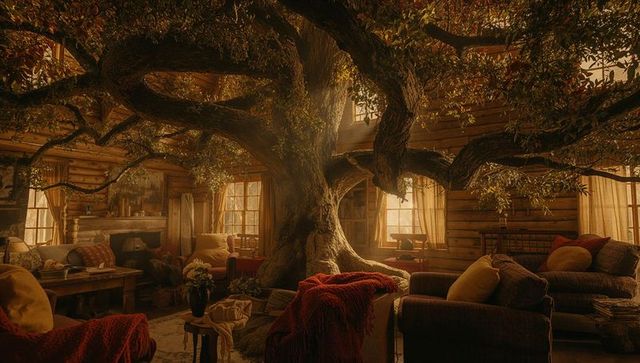 Majestic Tree in Cozy Cabin Environment
