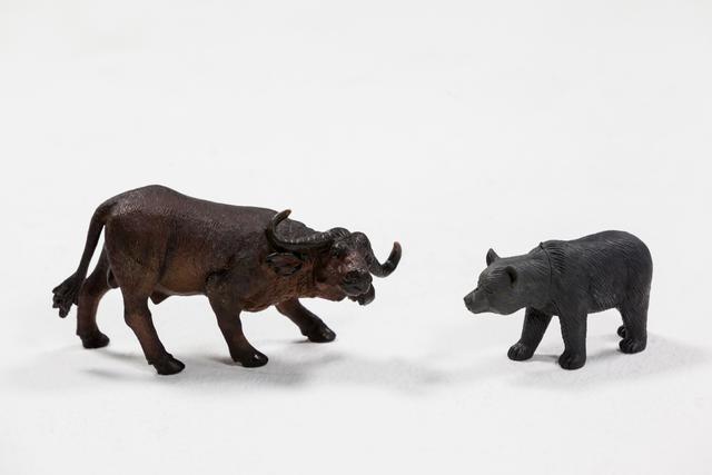 Conceptual image of miniature bear and charging buffalo