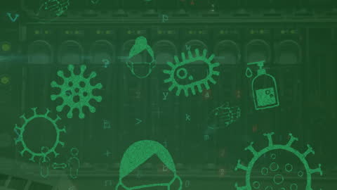 Cyber Security Animated Overlay with Virus Symbols on Server Technology