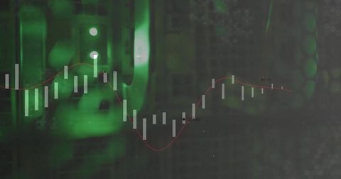 Candlestick Chart Overlay in Dimly Lit Server Room