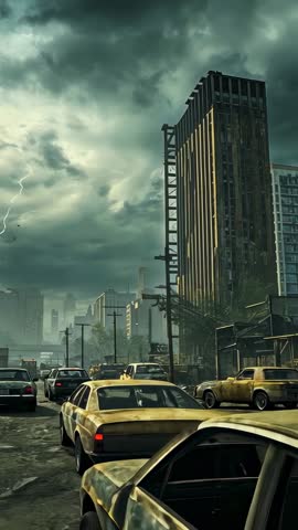 Vertical video of lightning storm striking decaying urban street with rusting sedans