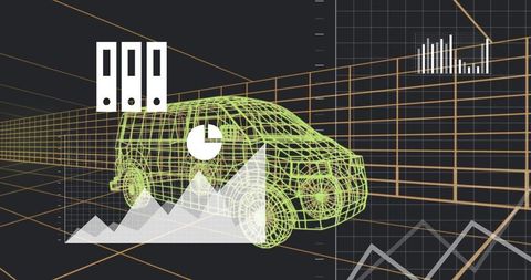 Futuristic Green Wireframe Van with Digital Analytics Overlays