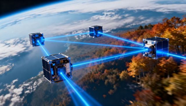 Cubesats transmitting blue laser links over coastal earth orbit forming mesh network
