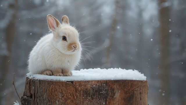 Fluffy white rabbit perching on snowy stump in tranquil winter forest with falling snow