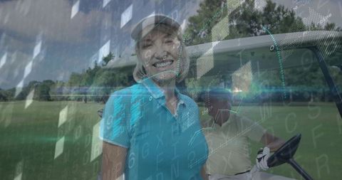 Smiling female golfer on fairway with male companion in cart and futuristic hud overlay