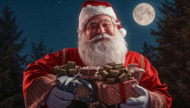 Jolly Santa Claus Presenting Gifts Under Moonlit Night Sky
