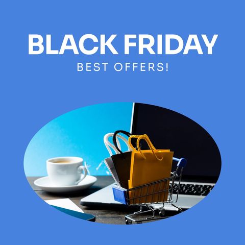 Black friday, best offers text with shopping nags in trolley and laptop on blue background. Retail shopping and business sale promotion concept digitally generated image.