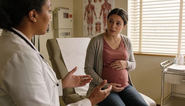 Pregnant woman holding belly consulting with doctor during prenatal checkup in clinic