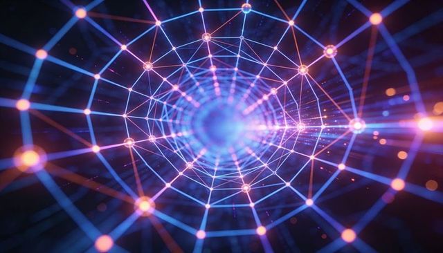 Glowing Hexagonal Data Tunnel Receding Toward Luminous Core, Neon Network Grid