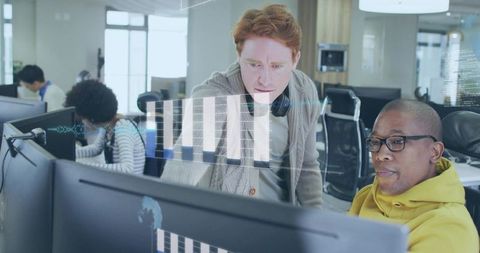 Professionals Analyzing Digital Data Visualizations in Modern Workspace