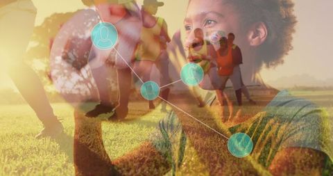Teen girl engaging with virtual network on soccer field