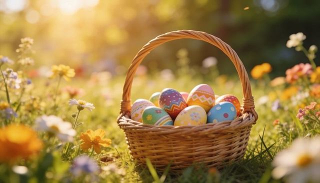 Easter egg basket basking in sunlit spring meadow with pastel patterns and wildflowers