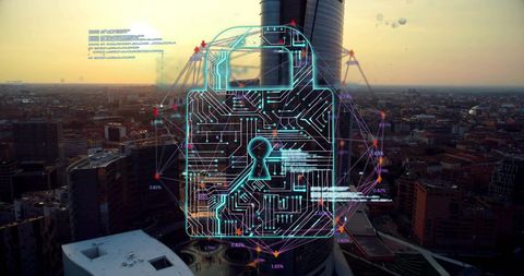 Futuristic Cybersecurity Concept Against Urban Skyline