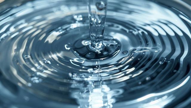 Macro water droplet ripple forming central column and concentric circles with reflections