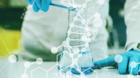 Laboratory Scientist Mixing Chemicals with Molecular Animation