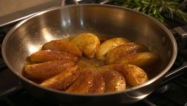 Caramelizing apple wedges in butter syrup on stainless steel skillet with golden cinnamon glaze