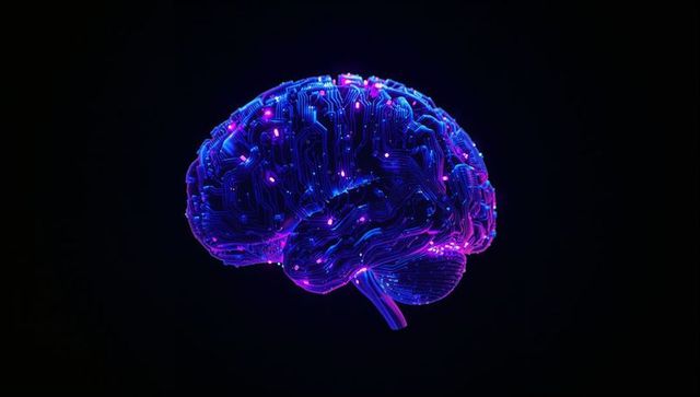 Glowing Neon Circuit Brain in Futuristic Dark Background