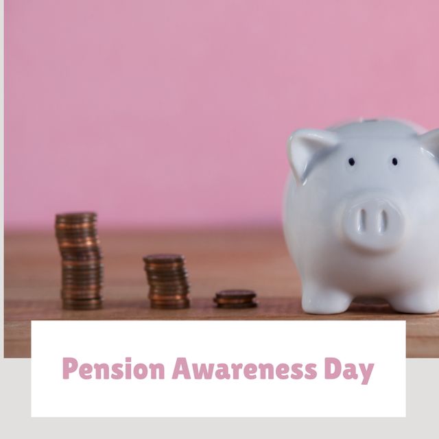 Composite of stack of coins and piggybank on table against pink wall and pension awareness day text. Copy space, retirement, savings, planning, awareness and campaign concept.