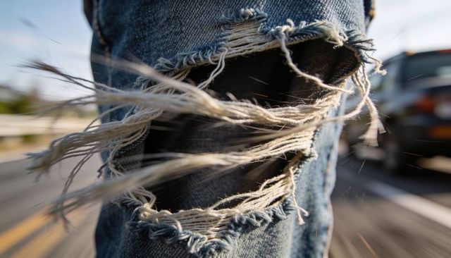 Ripped denim leg moving on highway with frayed threads blowing in wind