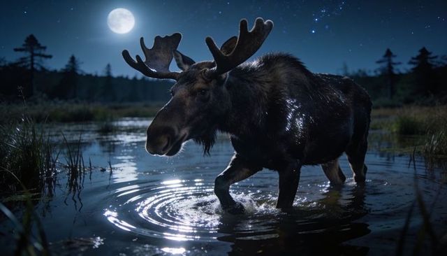Moose wading through moonlit marsh with rippling reflection and broad antlers under full moon