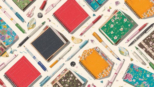 Arranging colorful spiral notebooks and pens diagonally with confetti on cream tabletop