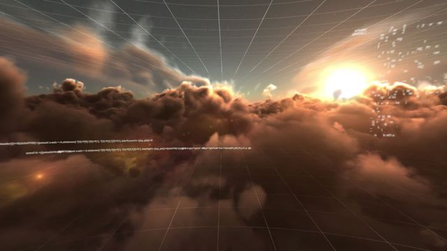 Scenic animation showing digital data flowing over cloudscape at sunrise, creating a dramatic juxtaposition of nature and technology. Ideal for conveying digital transformation, tech innovations, cloud computing concepts, communication networks in modern settings, and educational presentations.