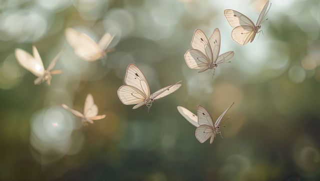 Translucent white butterflies fluttering through sunlit woodland with soft bokeh glow