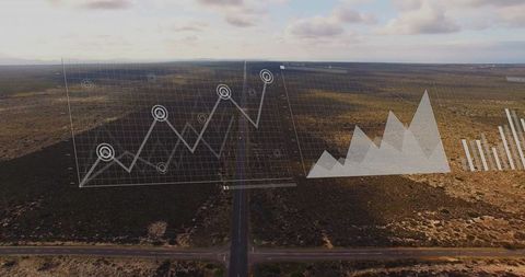 Digital Graphs Enhance Desert Road Aerial at Dusk