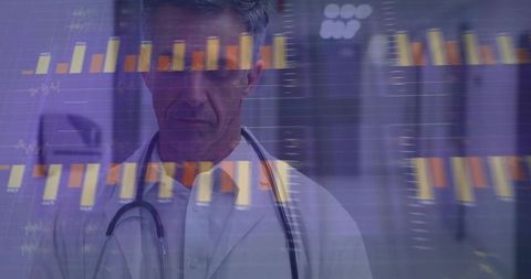 Doctor Reviewing Medical Data Dashboard Displaying Analytics Overlay in Clinical Corridor