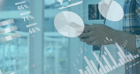 Man Using Smartphone with Digital Data Overlay in Office