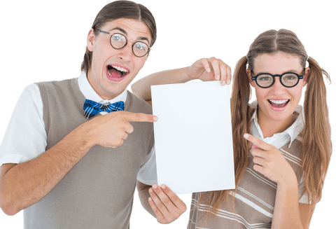 Transparent geeky hipsters excitedly pointing at blank poster