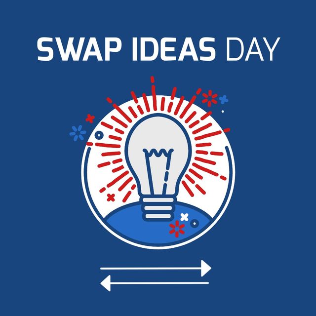 Illustration of illuminated light bulb with arrows and swap ideas day text over blue background. Copy space, thoughts, vector, brainstorming, exchanging, potential and holiday concept.