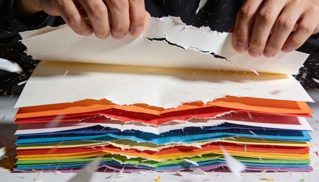 Hands tearing white sheet from vibrant layered craft paper stack with flying shreds