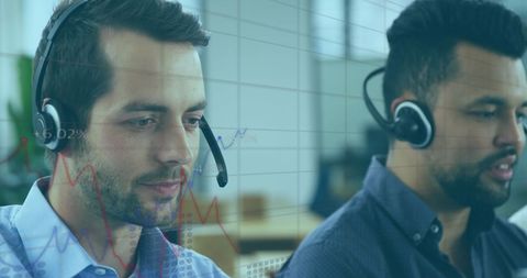 Financial Analysts at Work with Headphones and Digital Graphs Overlay