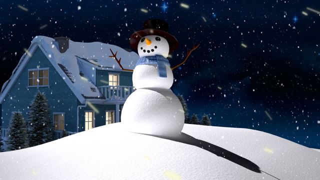 Cheerful snowman wearing a blue scarf and black hat, standing in a snowy field with a cozy cottage in the background. Lights are visible through the windows of the house, adding warmth to the cold night. Snow is gently falling from the dark sky. Ideal for holiday greeting cards, winter season advertisements, children's book illustrations, and festive decoration inspirations.