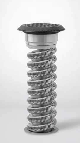 Vertical video showing drain bellows flexing and compressing into metal housing with strainer