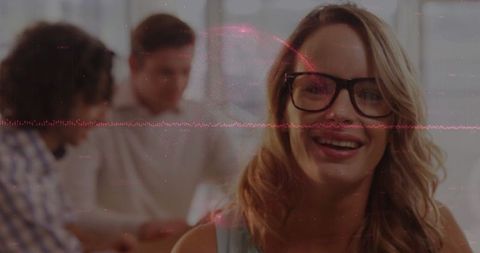 Smiling professional woman in modern office with creative tech overlay