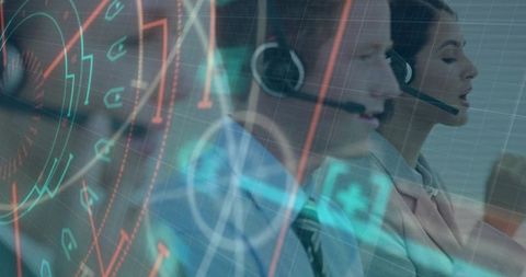 Call center team wearing headsets delivering customer support with data dashboard overlay