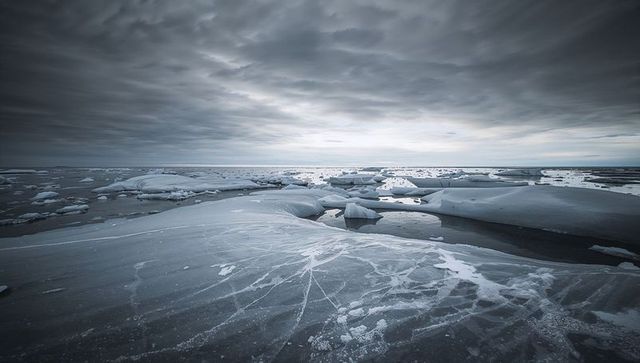 Frozen arctic bay with cracked ice sheets and scattered floes under moody sky