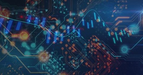 Visualizing fintech circuitry and market data overlay with glowing nodes and candlesticks