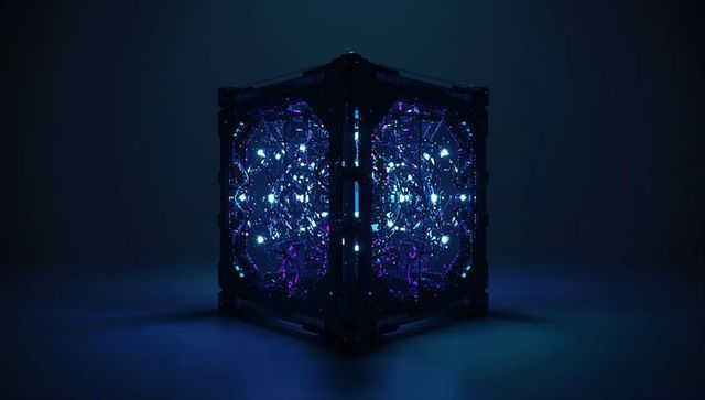 Futuristic neon-pulsating cube with digital circuitry