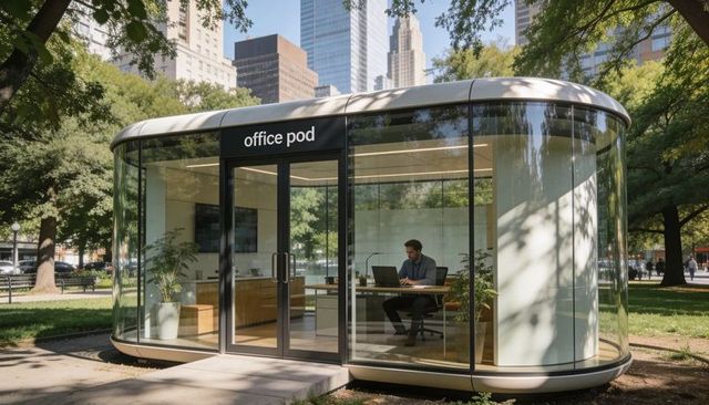 Modern glass office pod in city park showing remote workstation, man using laptop outdoors