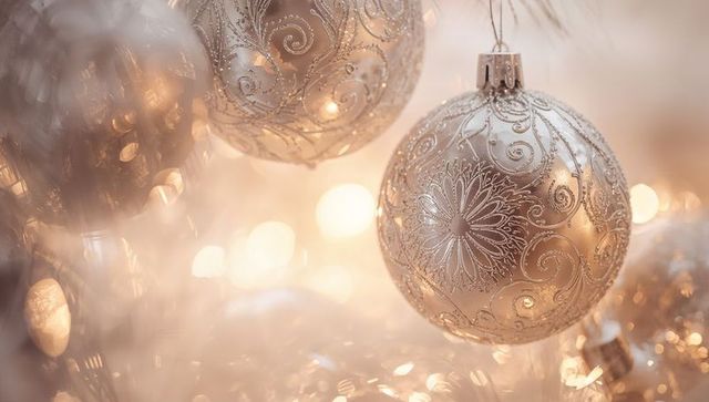Champagne ornate christmas bauble with floral filigree and warm bokeh lights