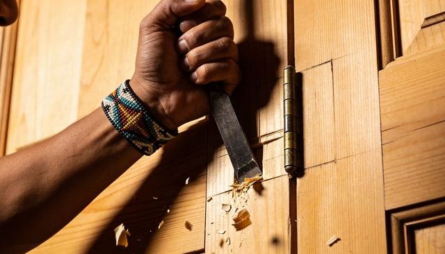 Craftsman chiseling hinge mortise on wooden door wearing beaded bracelet
